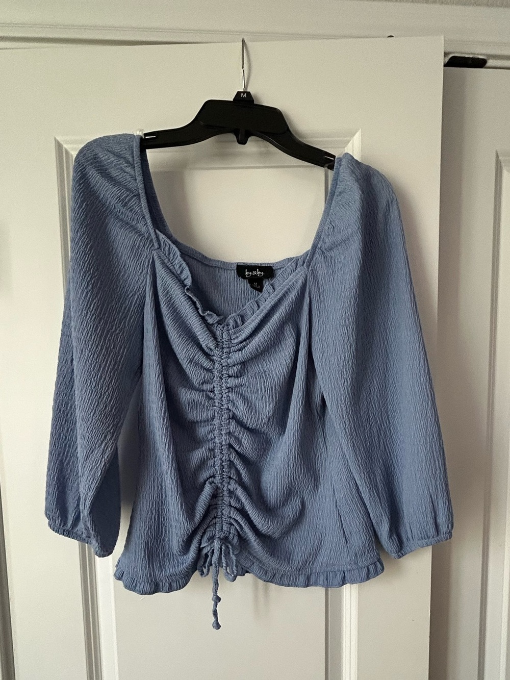 by & by Light Blue Drawstring Ruched Peasant Blouse